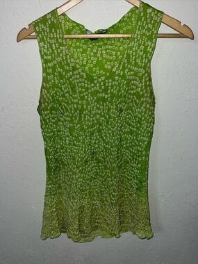 Chaudry KC Vintage green 100% silk tank top smocked texture sequins beads Medium